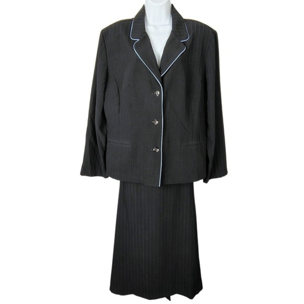 Black Blue Pinstripe Blazer‎ Skirt Suit Set 18 vintage 90's dark academia